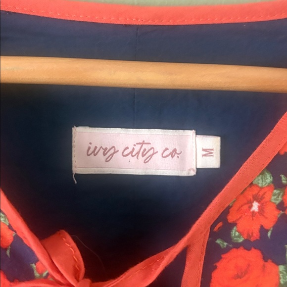 Ivy City Red Navy Floral Short Sleeve Cotton Midi Tiered Dress Sz M - Picture 5 of 8